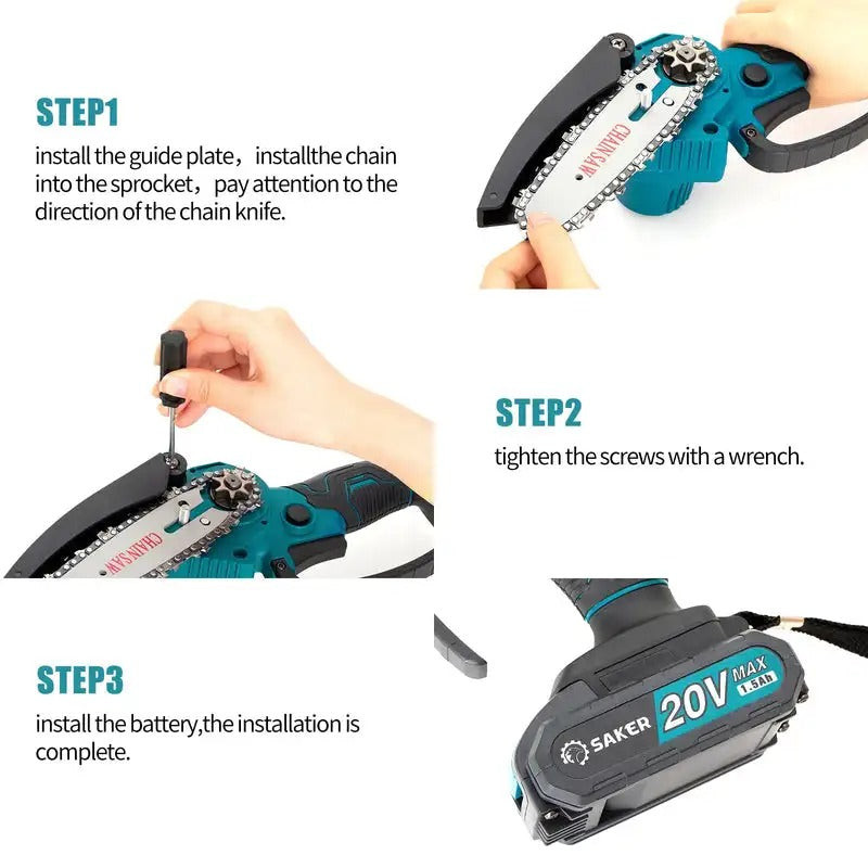 Portable Saker Mini Chainsaw 6 Inch, 2 batteries